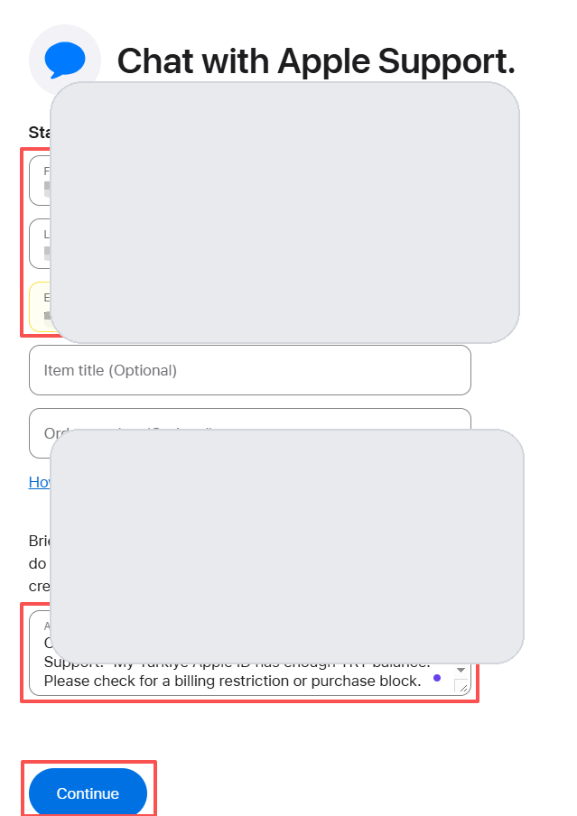 Apple 客服表单填写页面